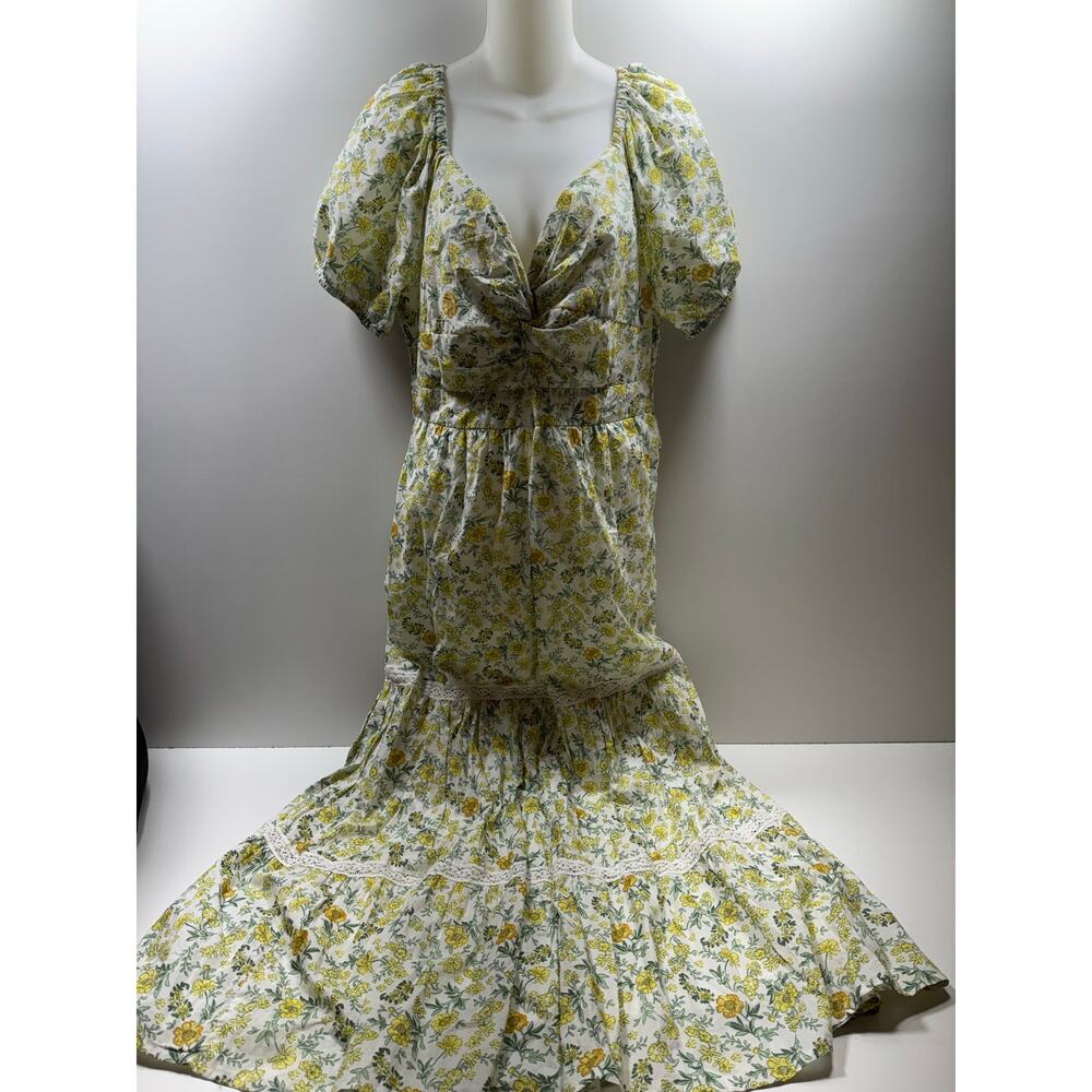 Japna Women’s Midi Dress Sz L Yellow Green Floral Puff Sleeve Cottage Boho